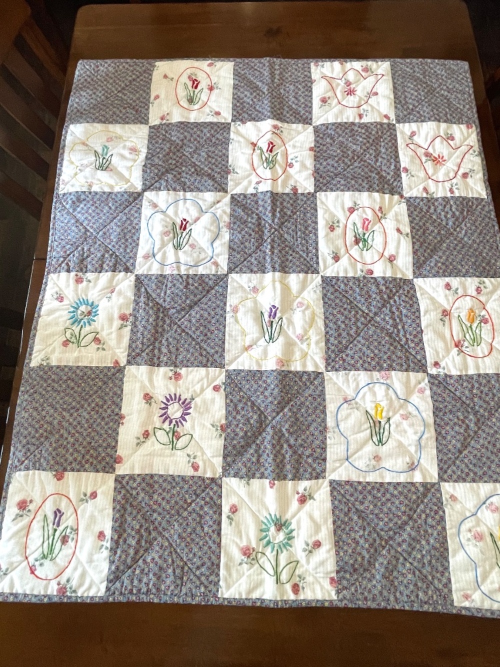 Handmade Quilt Whimsical Hand Embroidered Colorful Lap or Child Size